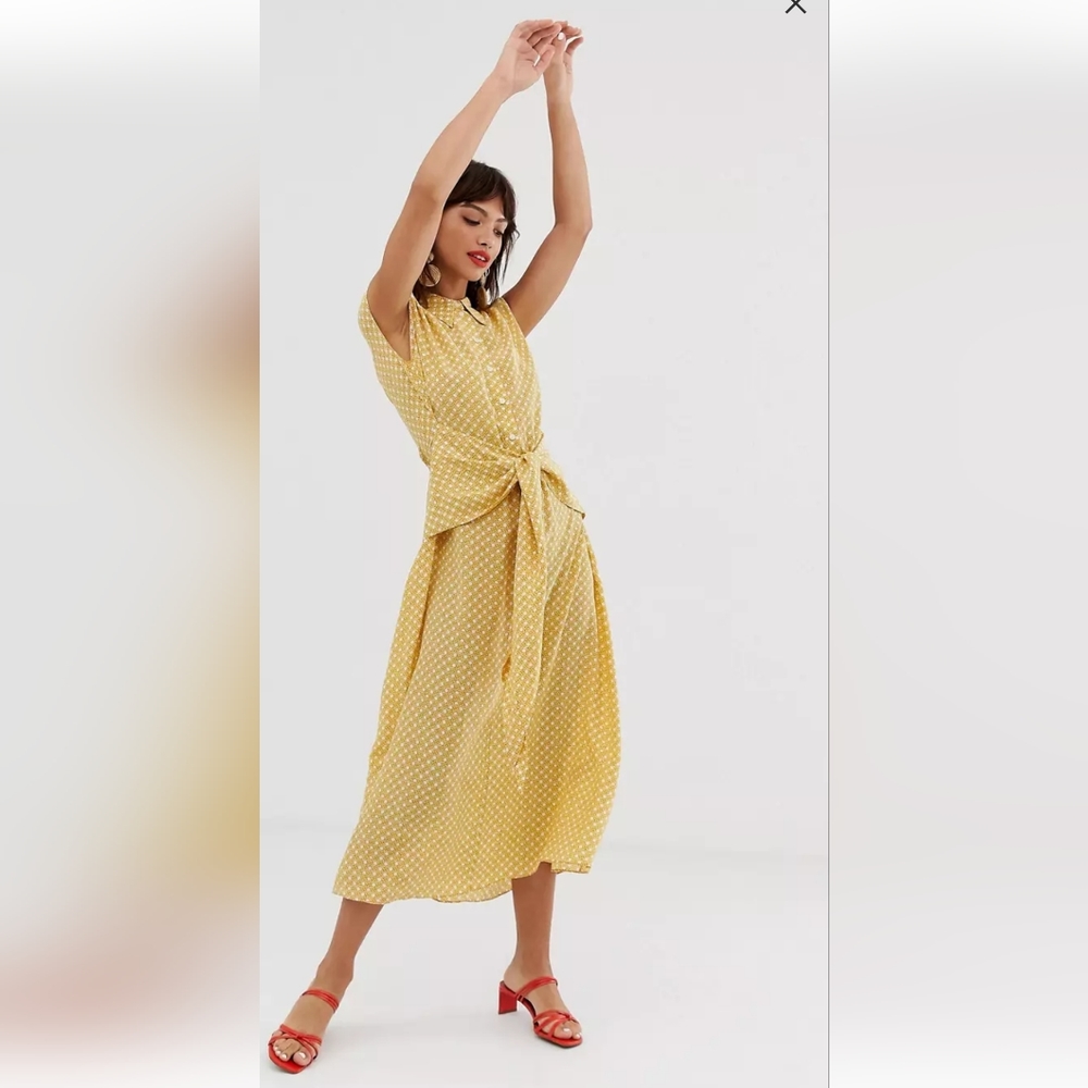 Paris atelier &other stories yellow cap sleeve shirt dress with sash sz4